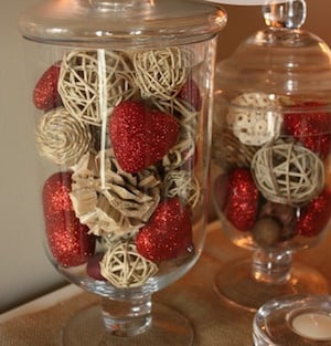 Frugal DIY Valentine’s Day Decor jars of hearts and grapevine balls
