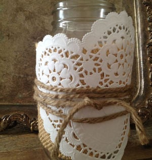 Rustic Valentine's Day burlap and doilies wrapped jar