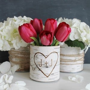 DIY Birch Vases with heart and initials 
