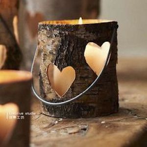 Rustic Bark Candle with heart shapes cut out