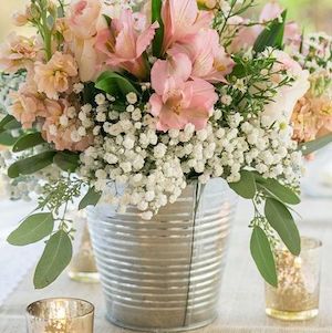 Galvanized Bucket filled with flowers wedding Centerpiece