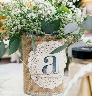 Burlap Monogrammed Doily Tin Can with Baby's Breath