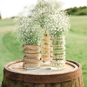 Baby's Breath in Twine and Burlap Wrapped Vases