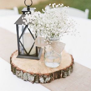 Wood Slice wedding Centerpiece with a Lantern and Flowers in a Jar