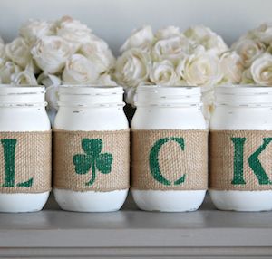 lucky mason jar centerpiece with burlap ribbon