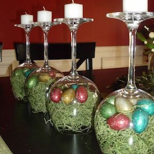 Wine Glass Centerpiece with easter grass and foam eggs