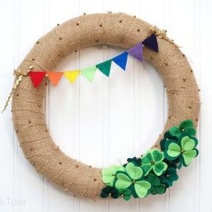 Lucky Shamrocks burlap Wreath with rainbow banner