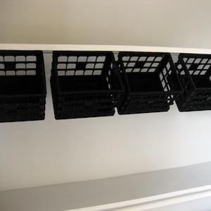 Crate Organization for laundry room Using Cup Hooks 