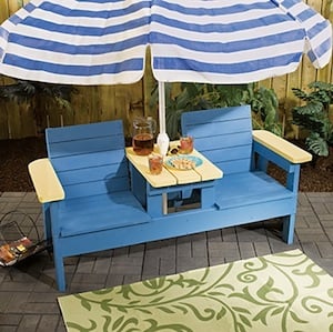 Side By Side Patio Chairs with umbrella and table in the middle