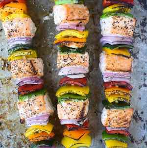 Rainbow Salmon and veggies Skewers