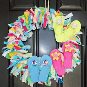 Summer Fabric Scrap Wreath with Flip Flop & Fabric Flower Accents