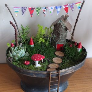 Container Fairy Garden with Colorful Banner