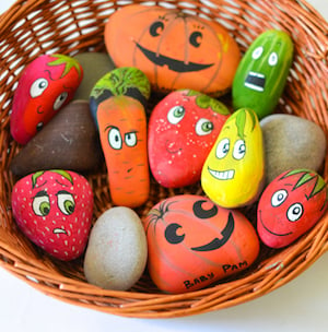 cartoon fruits and vegetable painted rocks