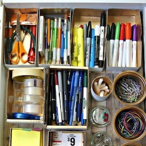 Desk office Organization Using Recycled Boxes and Cans