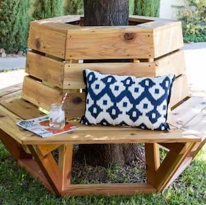 Hexagon Cedar Bench wrapped around tree