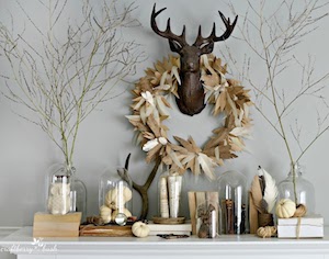 Eclectic Neutral Fall Mantel with paper wreath and antlers 