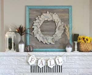 DIY Fall Mantel Ideas with fall leaf wreath wall art