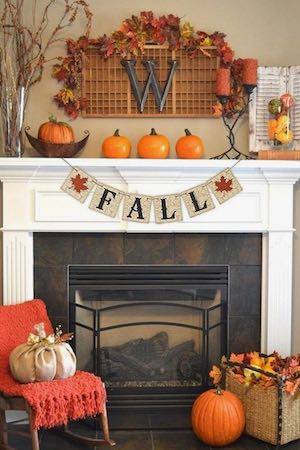 Burlap Fall Banner over fireplace 