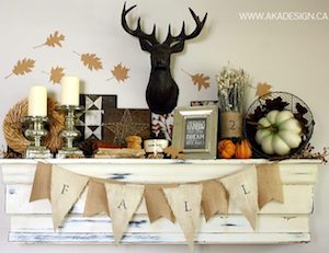 Rustic Chic Mantel with antlers and burlap fall garland 