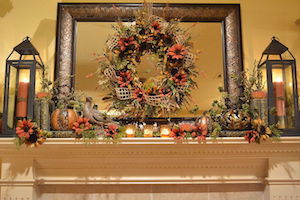  Warm Glow Mantel with fall florals and lanterns