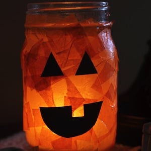 Orange Tissue Paper Jack-O-Lantern Mason Jar