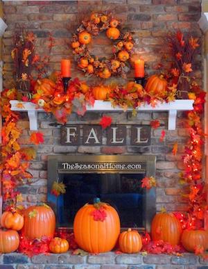 Orange Fall Mantel with pumpkins fall leaf garland