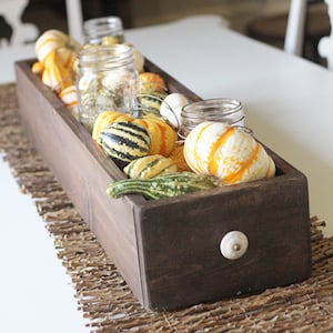 DIY Fall Table Centerpiece iim a box with mini gourds and candles