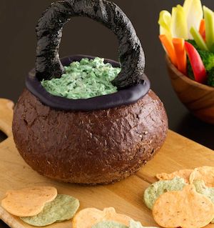 Spinach Dip in Bread Bowl Cauldron halloween appetizer