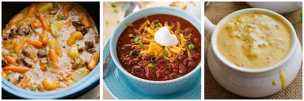 fall crockpot Beef stews and soups in bowls