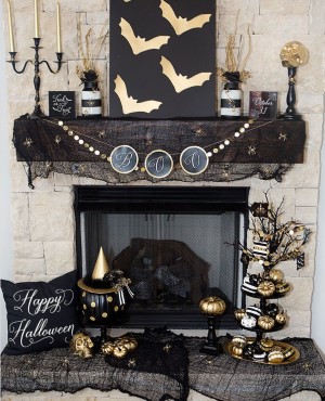 Elegant Black & Gold Halloween Mantel Decor