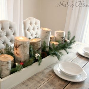Birch Candles and Pine Branch Centerpiece Christmas Table Decoration
