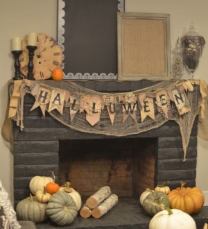 gray and beige  Halloween Mantel Decorations