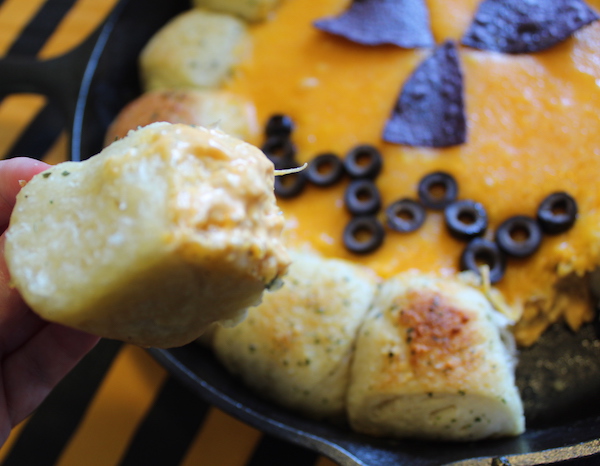 Jack O' Lantern Buffalo Chicken Skillet Dip with French Bread Rolls