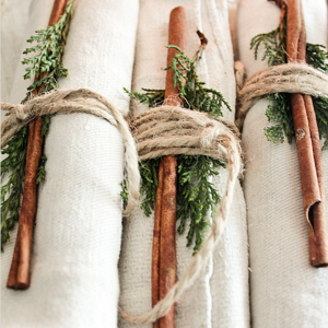 Holiday Napkin Bundles with cinnamon and evergreen tied with twine