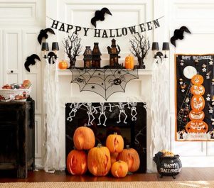 Happy Halloween Mantel with banners and garlands