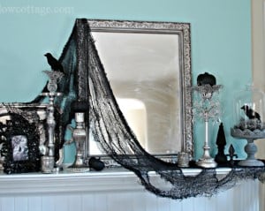 Gothic Style Haunted Mantel with creepy cloth and framed mirror 