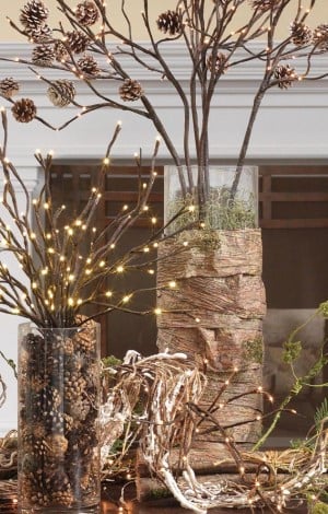 Rustic and Natural Centerpiece with pinecones and light up twigs