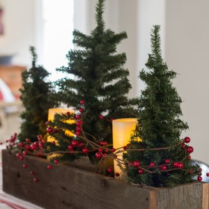 Centro de mesa de madera rústica con mini árbol de Navidad