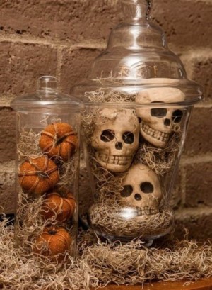 Moss Covered Skulls & Pumpkins in jars Halloween Mantel Decoration