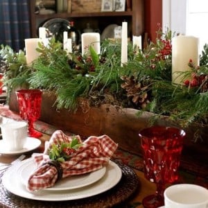 Rustic Wood Box Christmas Candle Centerpiece with greenery and pinecones