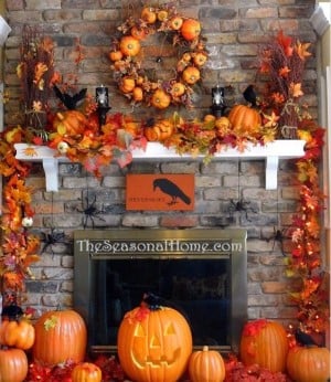 5 Minute fall Mantel with fall leaves garland and pumpkins