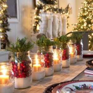 Simple Cranberry and Pine Christmas Centerpieces Table Decorations
