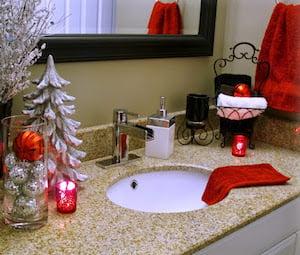 Small apartment Bathroom Decorated for Christmas