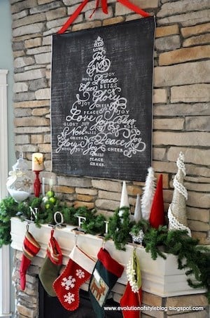Festive Red and green Christmas Mantel with christmas tree sign