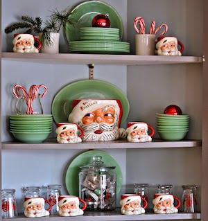 Vintage Christmas Decorated Kitchen Shelves with Santa Mugs