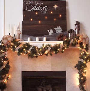 Oh, venid, adorémosle, cartel de Navidad de madera recuperada iluminada