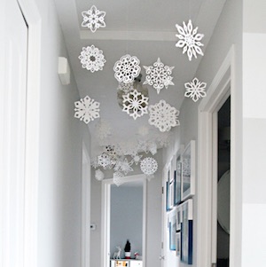 Paper Snowflakes Hanging from Ceiling DIY Christmas Decoration