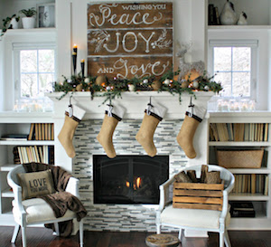 Natural Christmas Mantel with burlap stockings