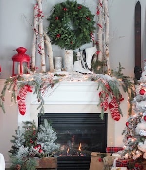 Rustic Christmas Mantel decor with birch wood