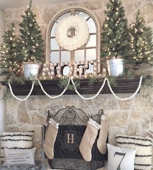 Noel Marquee sign with burlap and greenery Mantel